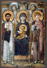 Santa Caterina del Sinai, Madre di Dio con Bambino, san Teodoro Statelate e san Giorgio, angeli: fine 6°-inizio 7° sec. Santa Caterina del Sinai, Madre di Dio con Bambino, san Teodoro Statelate e san Giorgio, angeli: fine 6°-inizio 7° sec.