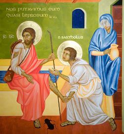 Icona di san Bartolo, detto il Giobbe della toscana, morto a Cellole lebbroso tra i lebbrosi (Le icone di Bose, dipinta a mano su tavola telata e gessata, stile italico, particolare, 2013) Icona di san Bartolo, detto il Giobbe della toscana, morto a Cellole lebbroso tra i lebbrosi (Le icone di Bose, dipinta a mano su tavola telata e gessata, stile italico, particolare, 2013)